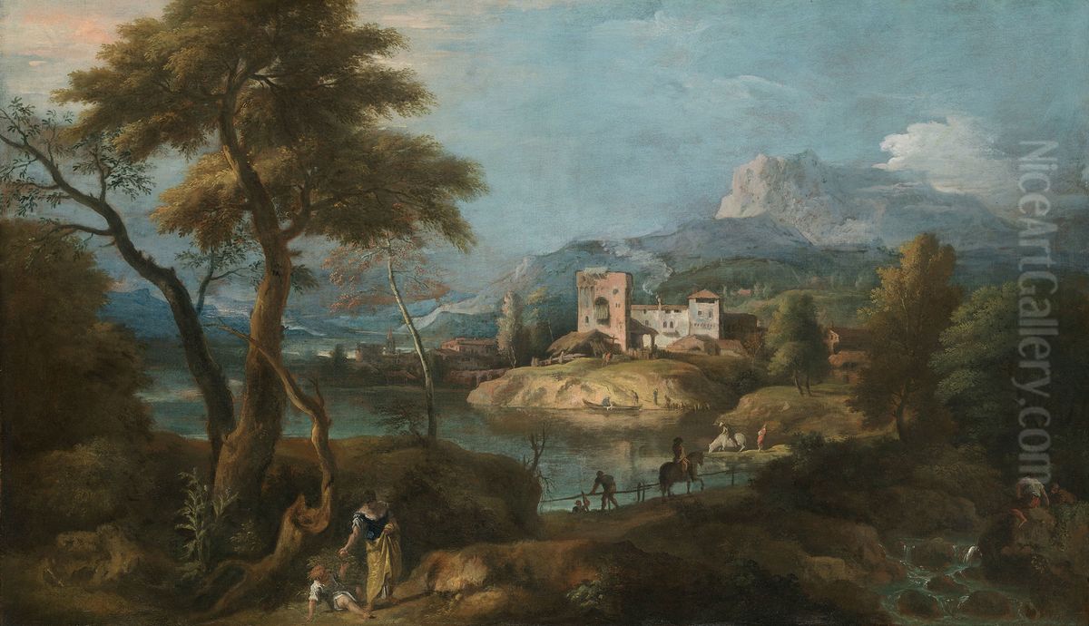 Landscape with a Woman and Child Oil Painting by Marco Ricci