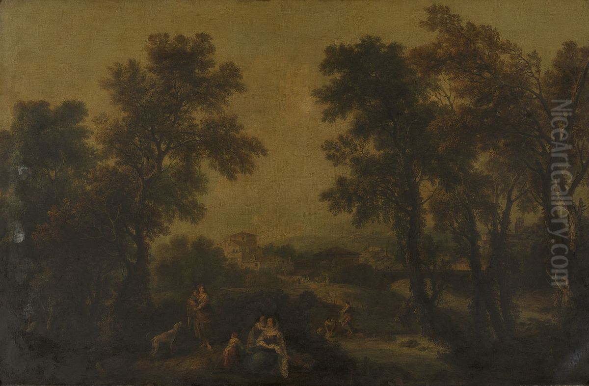 Landscape with Women and Children and a Dog Oil Painting by Francesco Zuccarelli