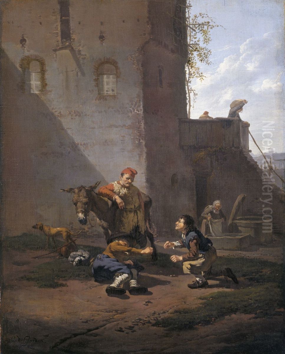 A Muleteer and two Men playing the Game of Morra Oil Painting by Karel Dujardin