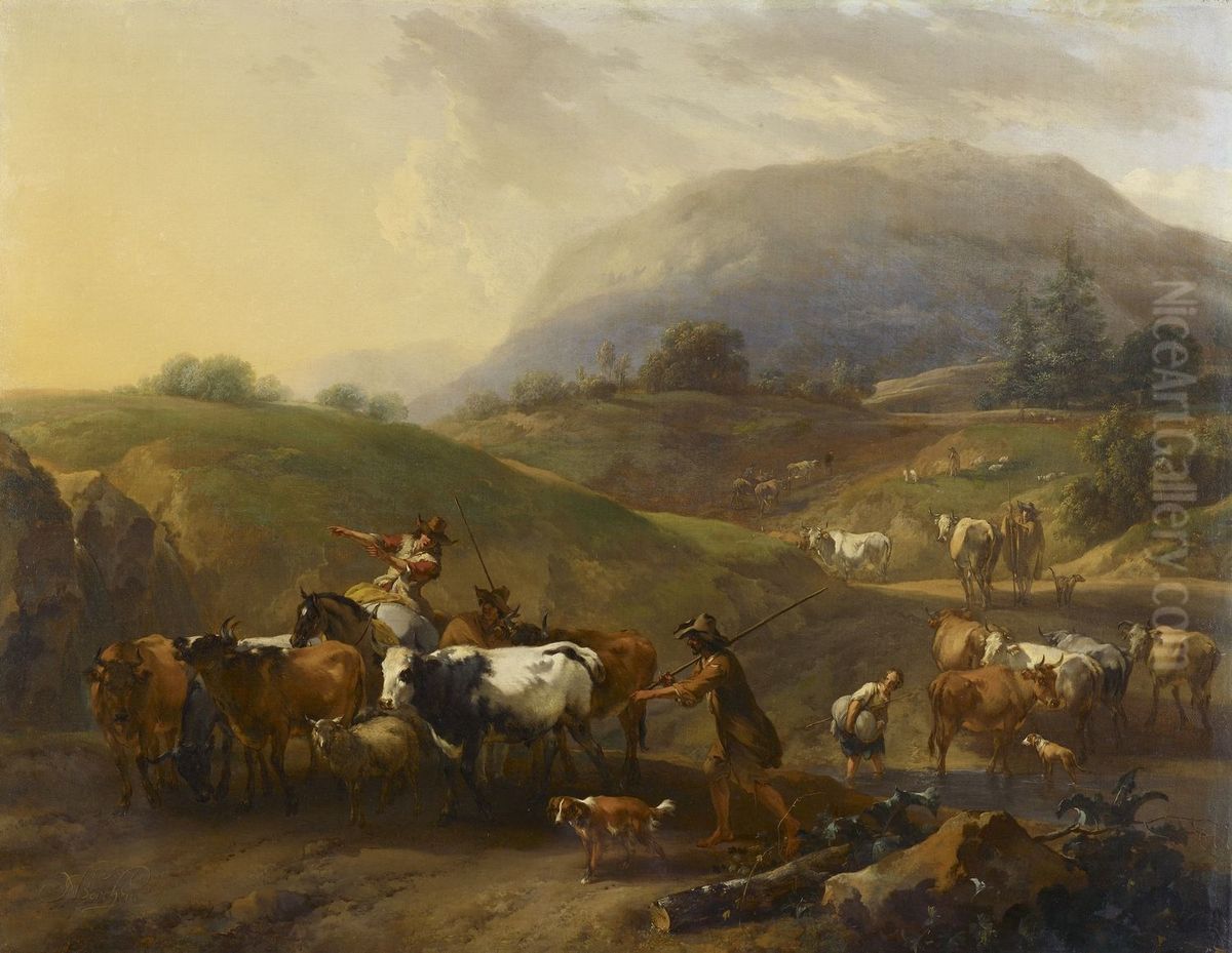 A Mountainous Landscape with Herdsmen Driving Cattle down a Road Oil Painting by Nicolaes Pieterszoon Berchem