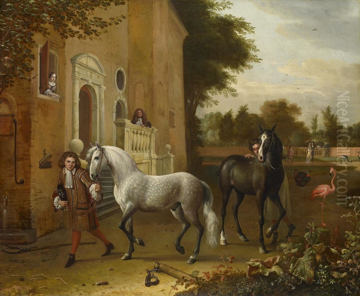 Grooms with Horses, a Grey and a Dark Bay, at Nijenrode Castle Oil Painting by Melchior D'Hondecoeter