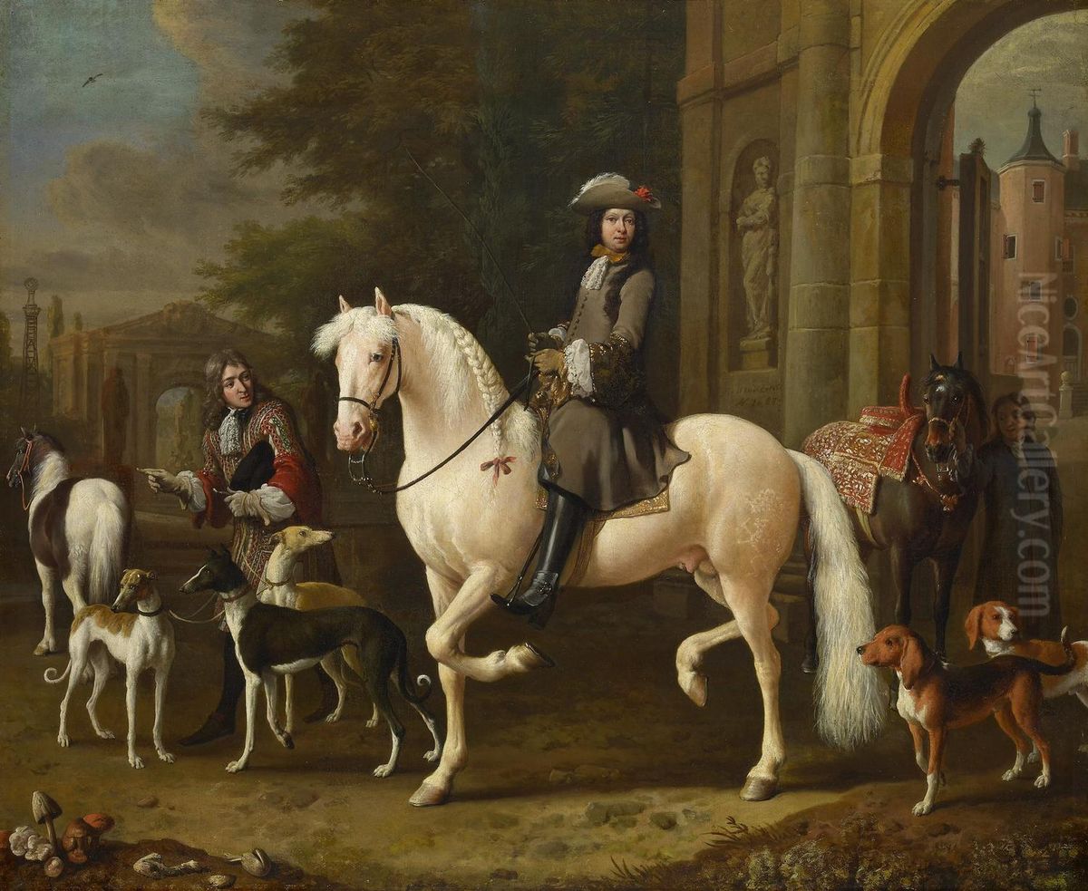 Johan Ortt (1642-1701) a cheval franchit la porte du chateau de Nijenrode Oil Painting by Melchior D'Hondecoeter