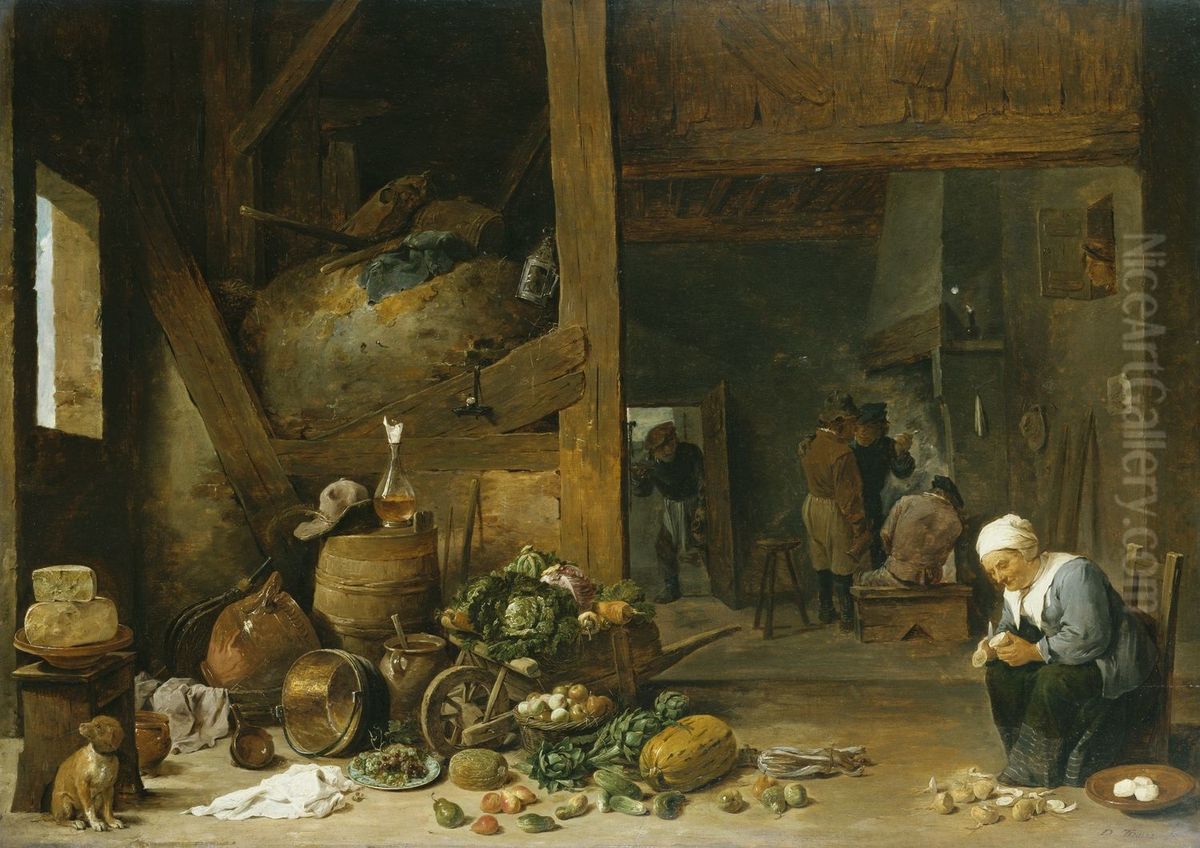 The Interior of a Kitchen with an Old Woman Peeling Turnips Oil Painting by David Teniers the Younger