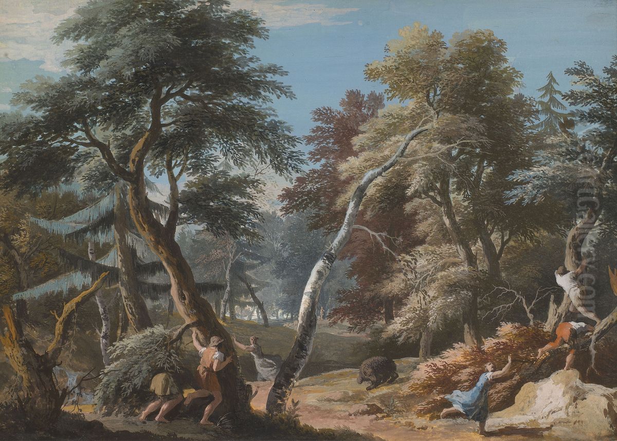 A Wood with Figures Alarmed by a Bear Oil Painting by Marco Ricci