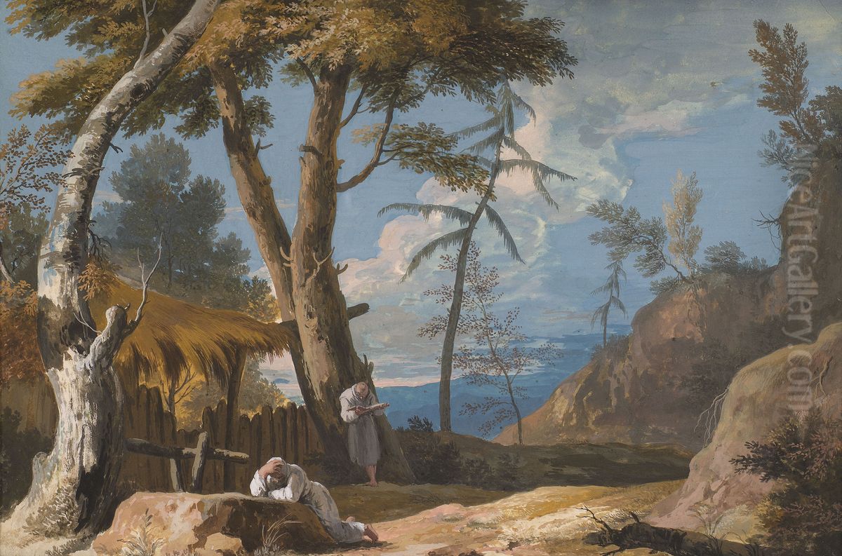 Landscape with two Praying Monks Oil Painting by Marco Ricci