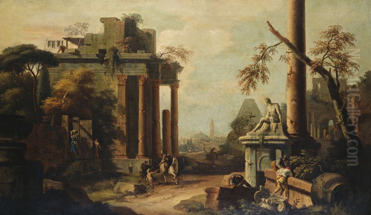 Caprice Landscape with Ruins and a Statue Oil Painting by Marco Ricci