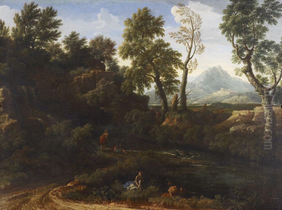 Landscape with figures by a pool Oil Painting by Gaspard Dughet