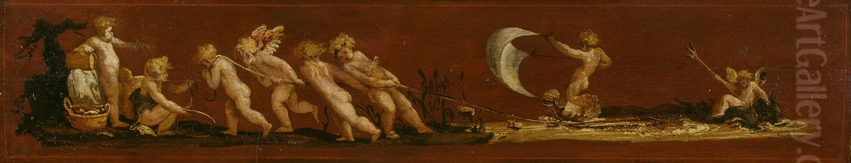 Cupids Pulling in a Net Oil Painting by Polidoro Da Caravaggio (Caldara)