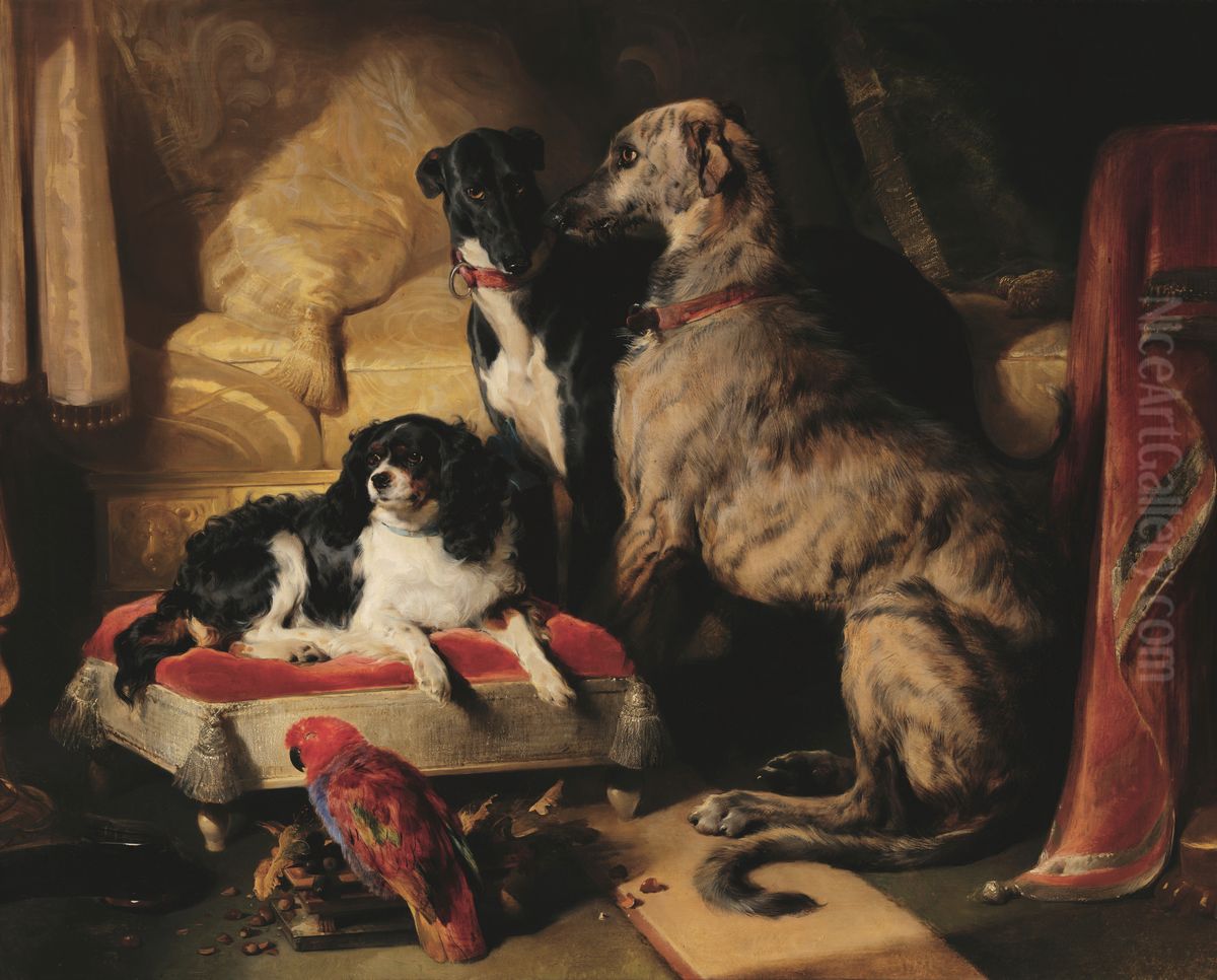 Hector, Nero, and Dash with the parrot, Lory Oil Painting by Sir Edwin Henry Landseer