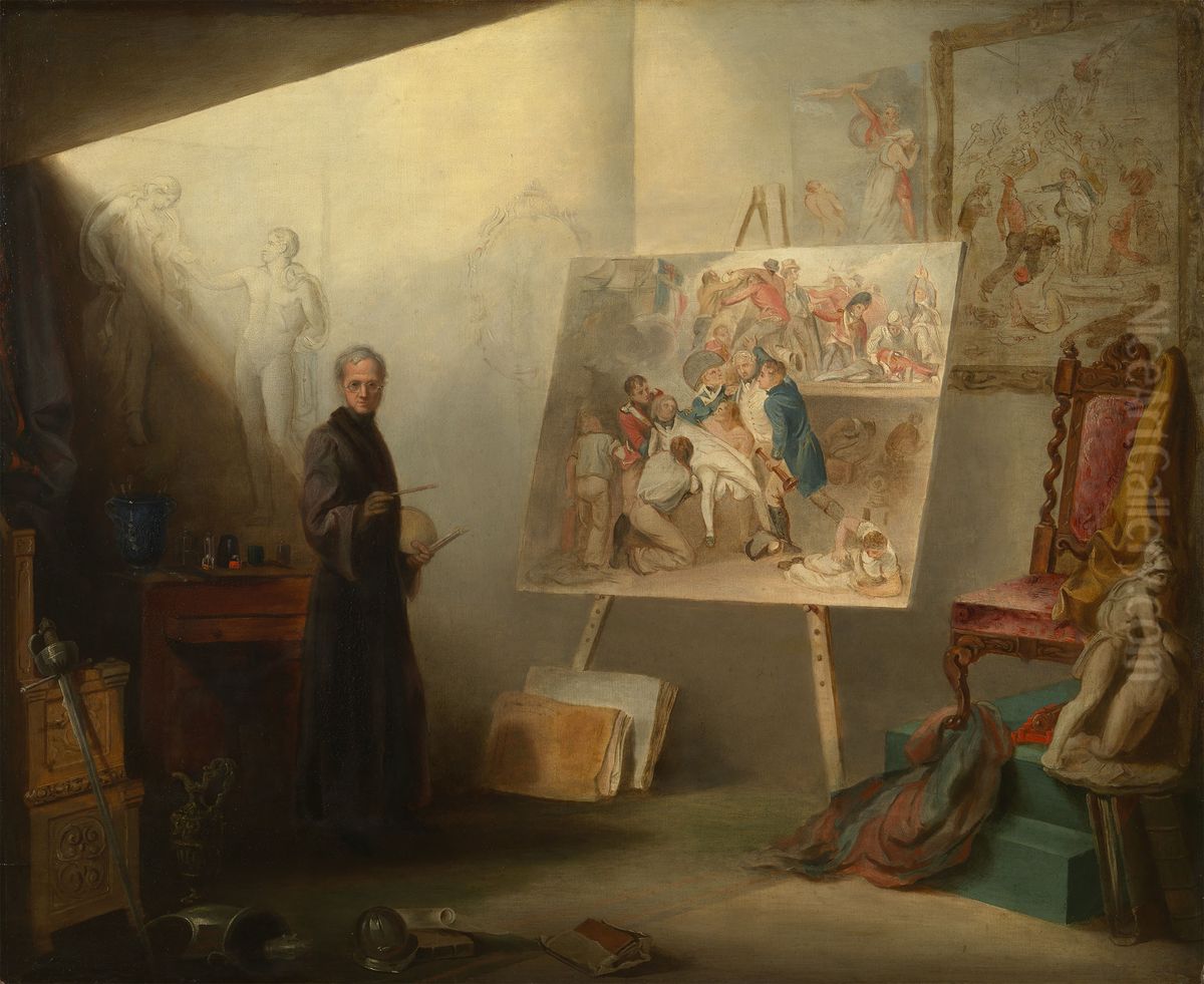 Self-Portrait in the Artist's Studio with the Painting of 'The Death of Nelson' Oil Painting by Samuel Drummond