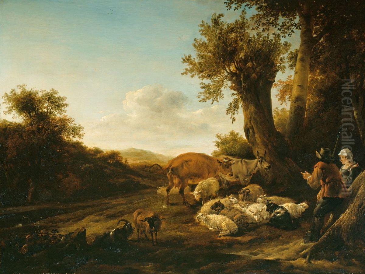 A Shepherd and Shepherdess with Flocks. Oil Painting by Nicolaes Pieterszoon Berchem