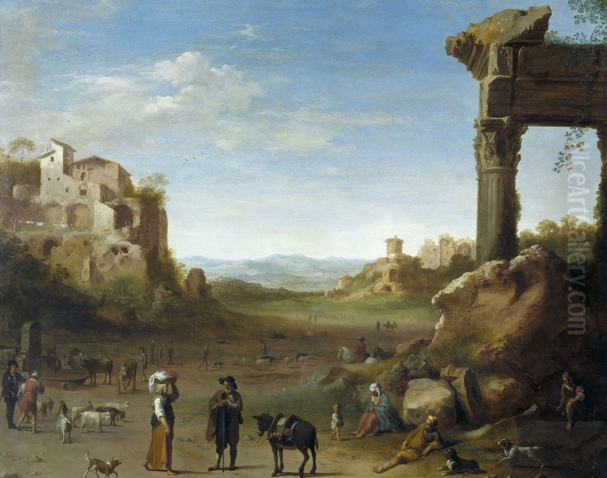 Shepherds with their Flocks in a Landscape with Roman Ruins Oil Painting by Cornelius van Poelenburgh