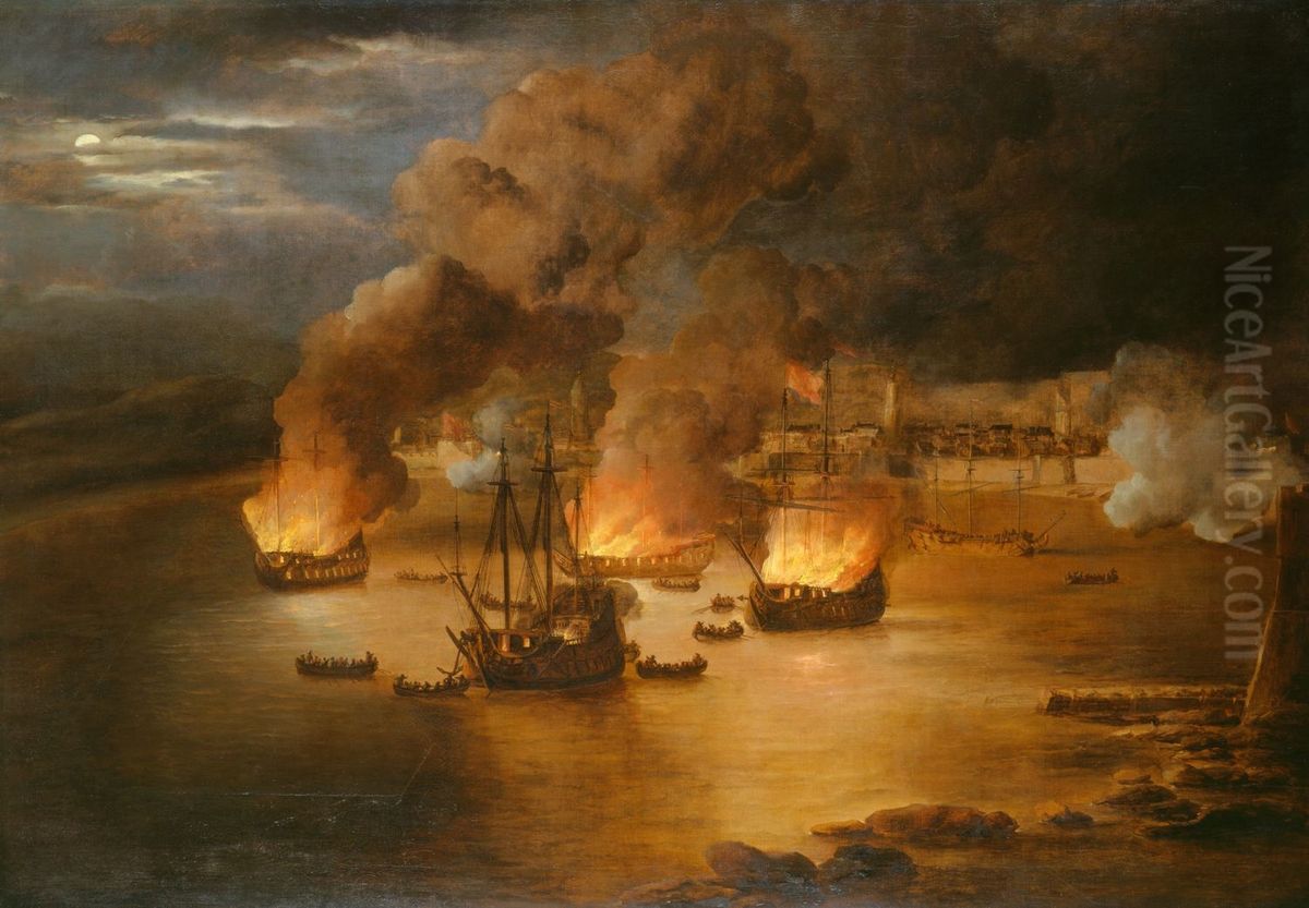 The Attack on Shipping in Tripoli, 24th January 1676 Oil Painting by Willem van de, the Elder Velde