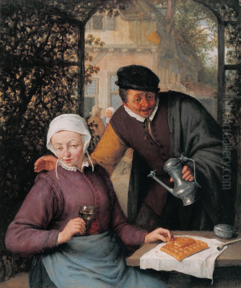 An elderly Couple in an Arbour Oil Painting by Adriaen van Ostade