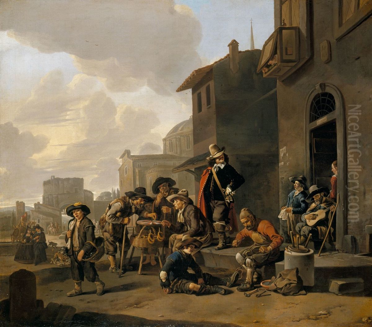 Figures before a Locanda, with a View of the Piazza del Popolo, Rome Oil Painting by Johannes Lingelbach
