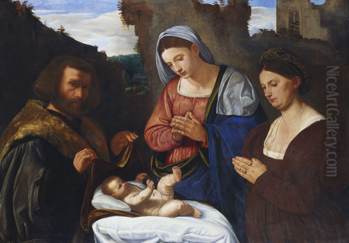 The Virgin Adoring the Child with Two Donors Oil Painting by Giovanni Girolamo Savoldo