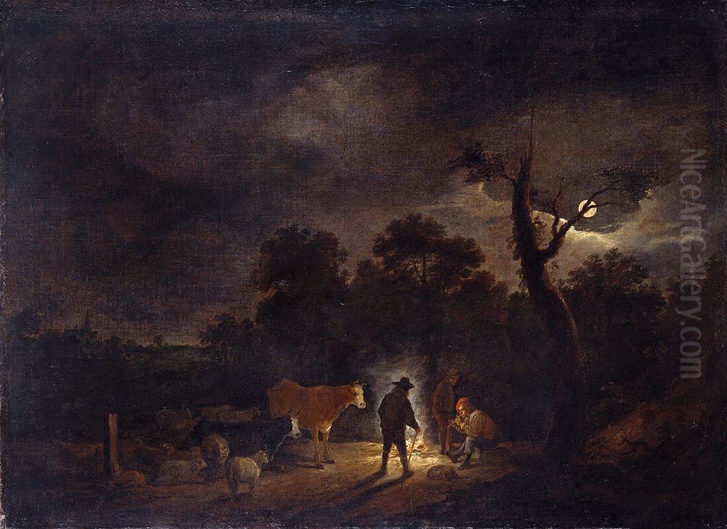 Shepherds with their Flocks by Night Oil Painting by David Teniers the Younger