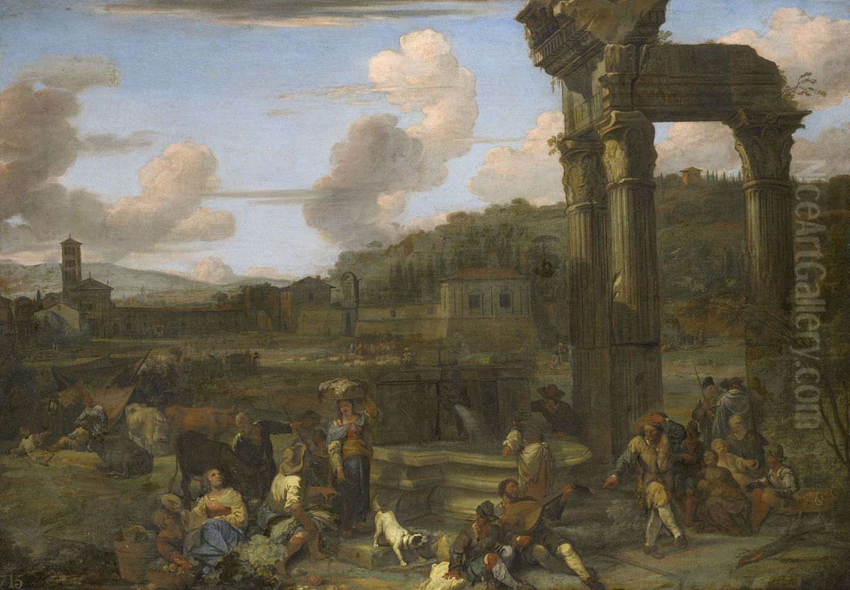 Figures in a Classical Landscape with Ruins Oil Painting by Dirck Helmbreker