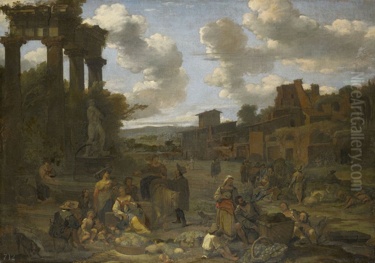 Figures in a Classical Landscape with Ruins Oil Painting by Dirck Helmbreker