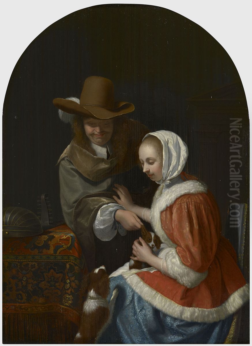 A Man Pulling a Lapdog's Ear in a Woman's Lap Oil Painting by Frans van Mieris