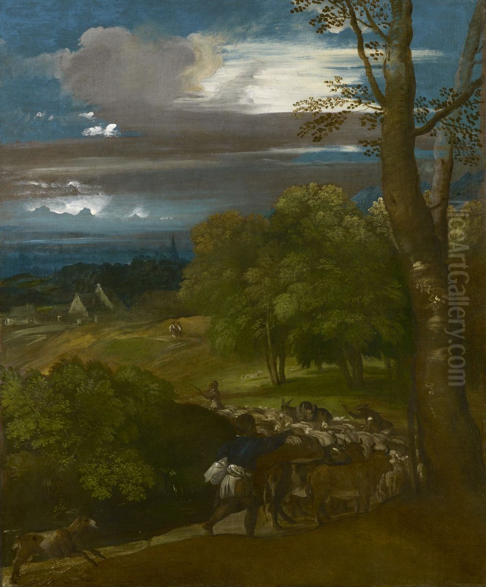 A Landscape with Shepherds and Flocks Oil Painting by Titian