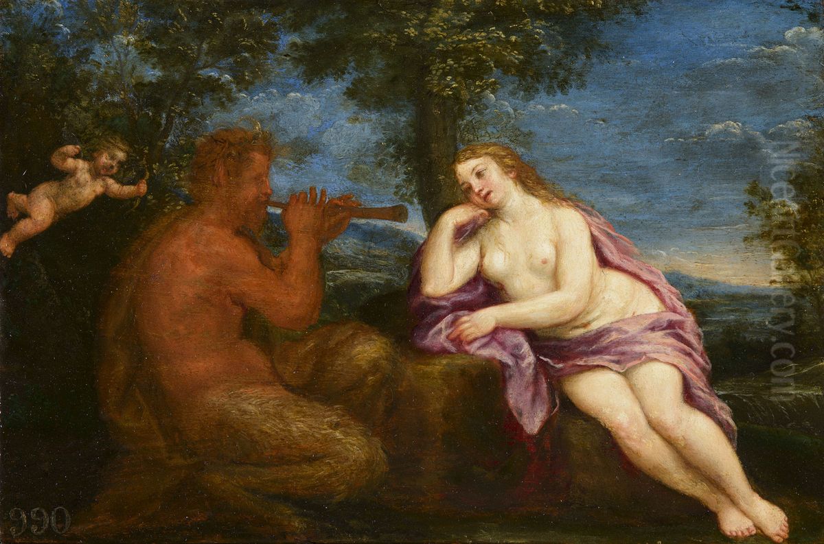A Woman Listening to a Satyr Piping Oil Painting by Francesco Albani