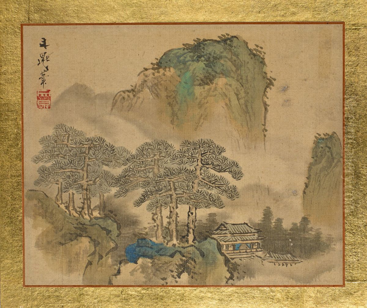 A House next to Pine Trees, in front of Mountains Oil Painting by Tani Buncho