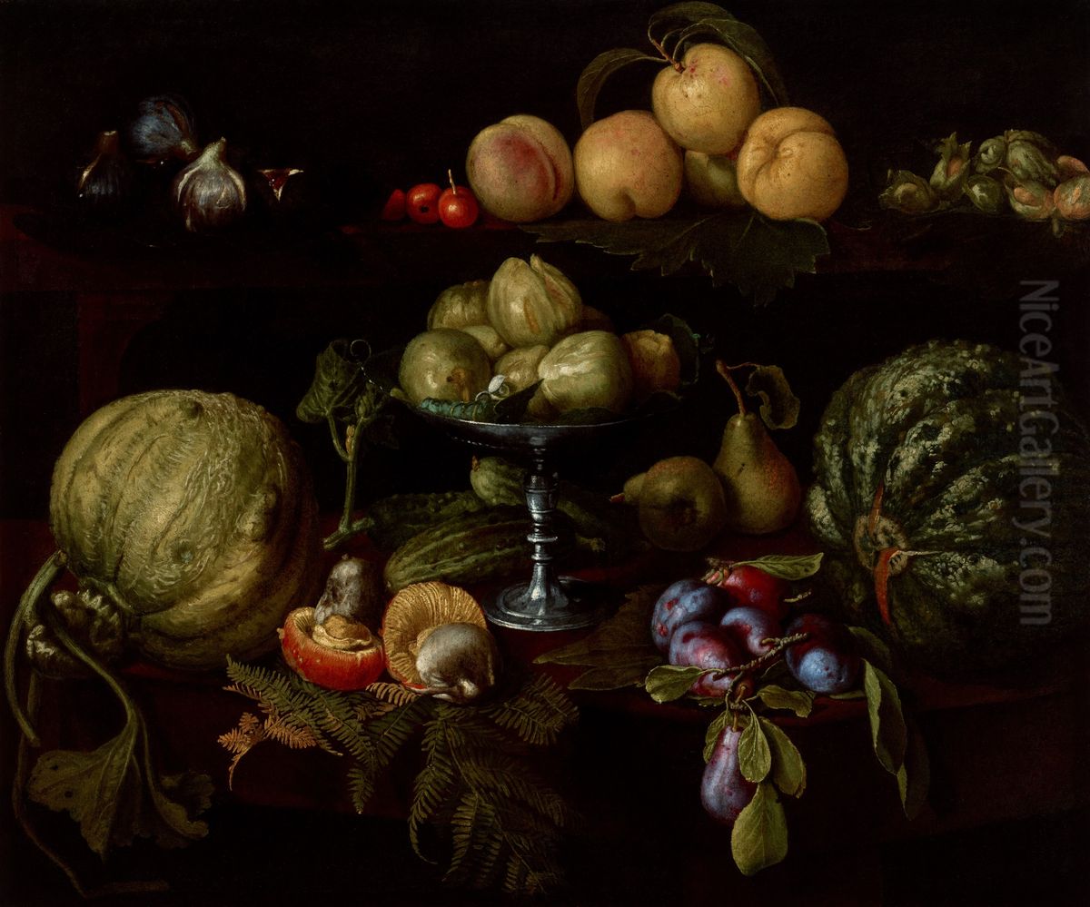 Figs on a Tazza with Pears, Quinces, Melons, Plums, Mushrooms on a Table, with Figs, Cherries, Peaches, and Acorns on a Ledge Above Oil Painting by Giovanni Battista Crescenzi