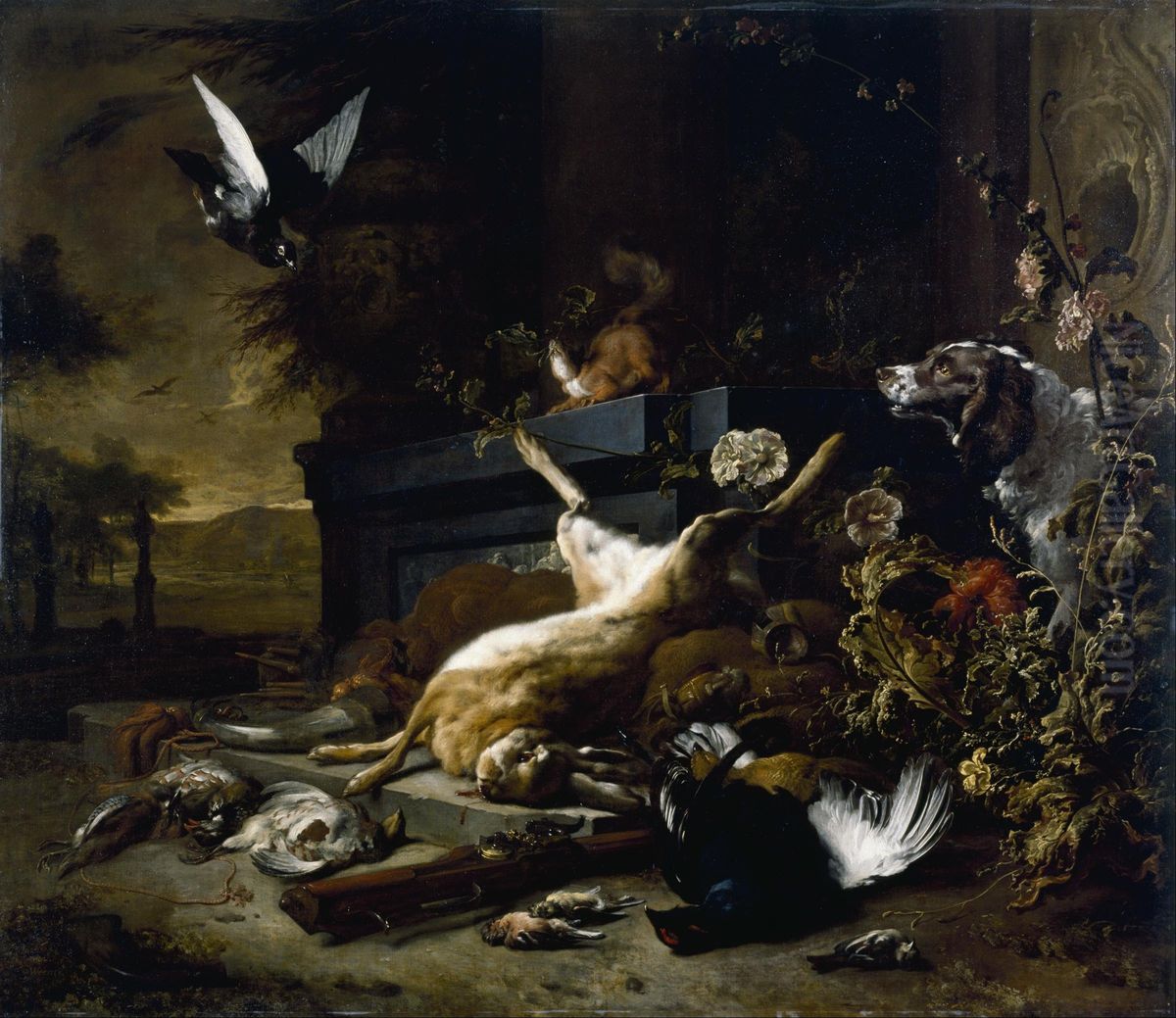Still Life of Game including a Hare, Black Grouse and Partridge, a Spaniel looking on with a Pigeon in Flight Oil Painting by Jan Weenix
