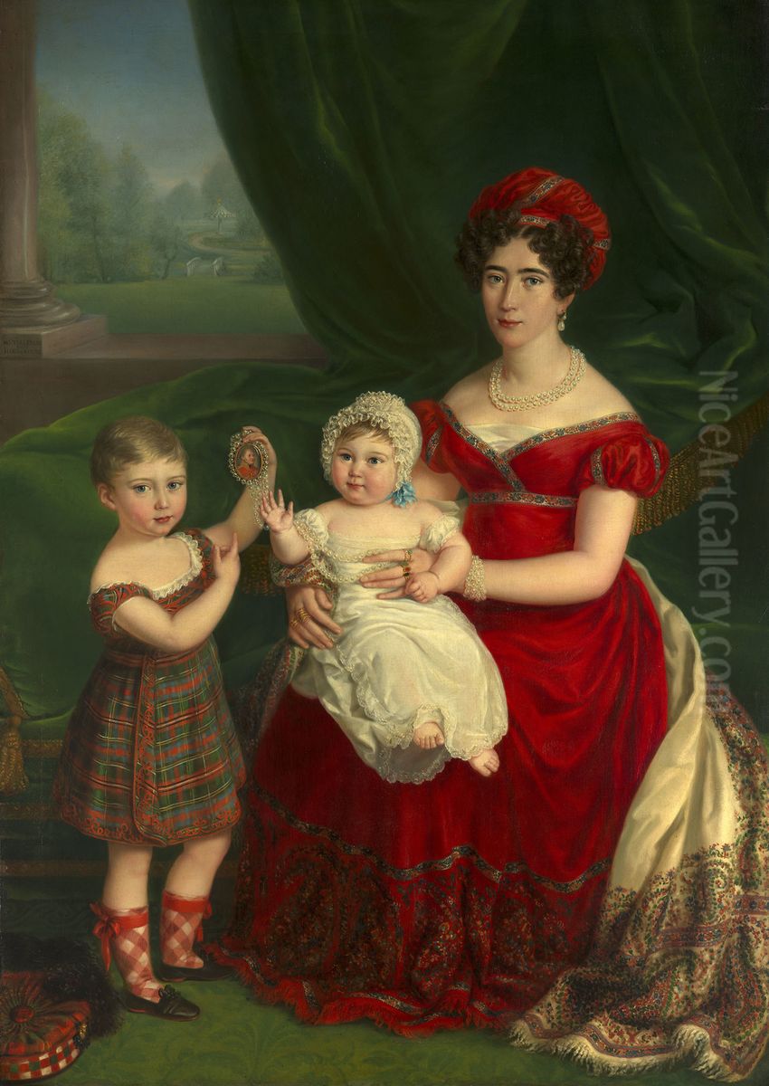 Augusta, Duchess of Cambridge (1797-1889) with Prince George (1819-1904) and Princess Augusta of Cambridge (1822-1916) Oil Painting by Melchior Tieleman