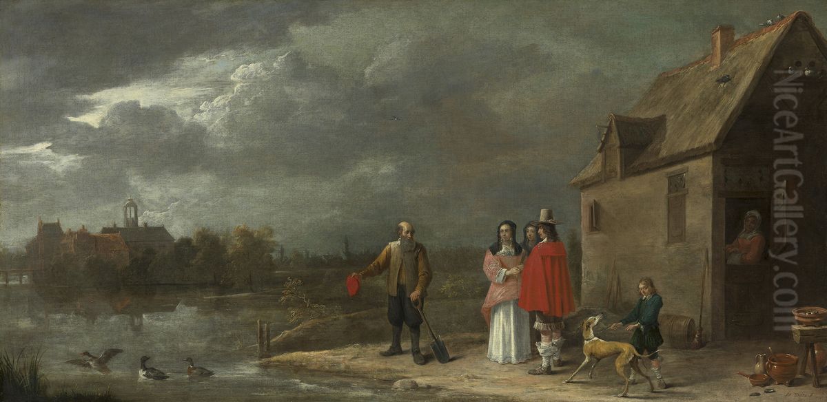 A Family Standing in a Landscape with a Moated House in the Background Oil Painting by David Teniers the Younger