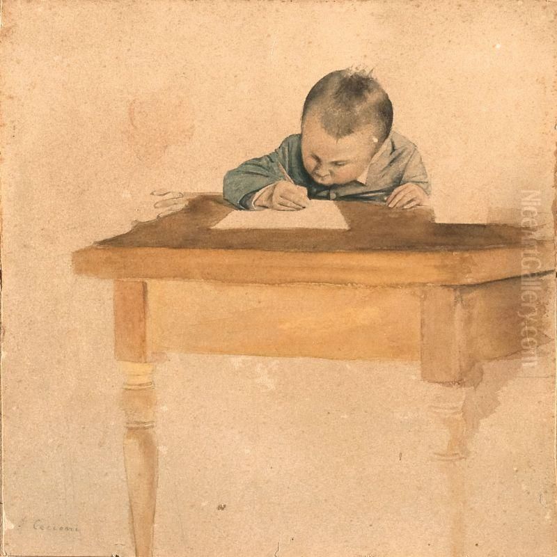 I Compiti Oil Painting by Adriano Cecioni