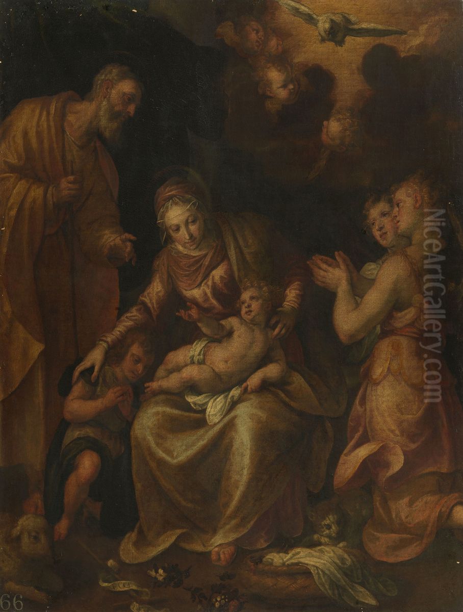 The Holy Family, Saint John, and Angels Oil Painting by Domenico Riccio