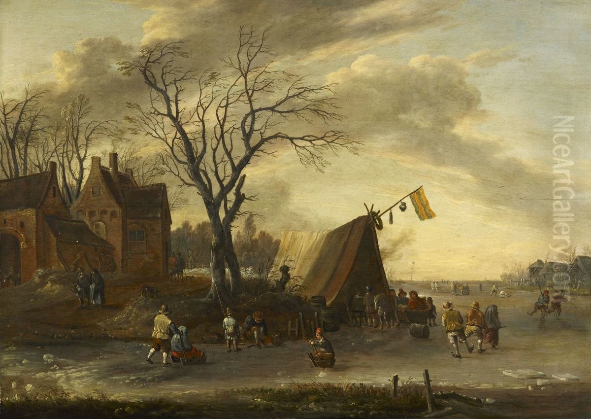 A Winter Scene with a Fair on the Ice Oil Painting by Jan Wouwerman