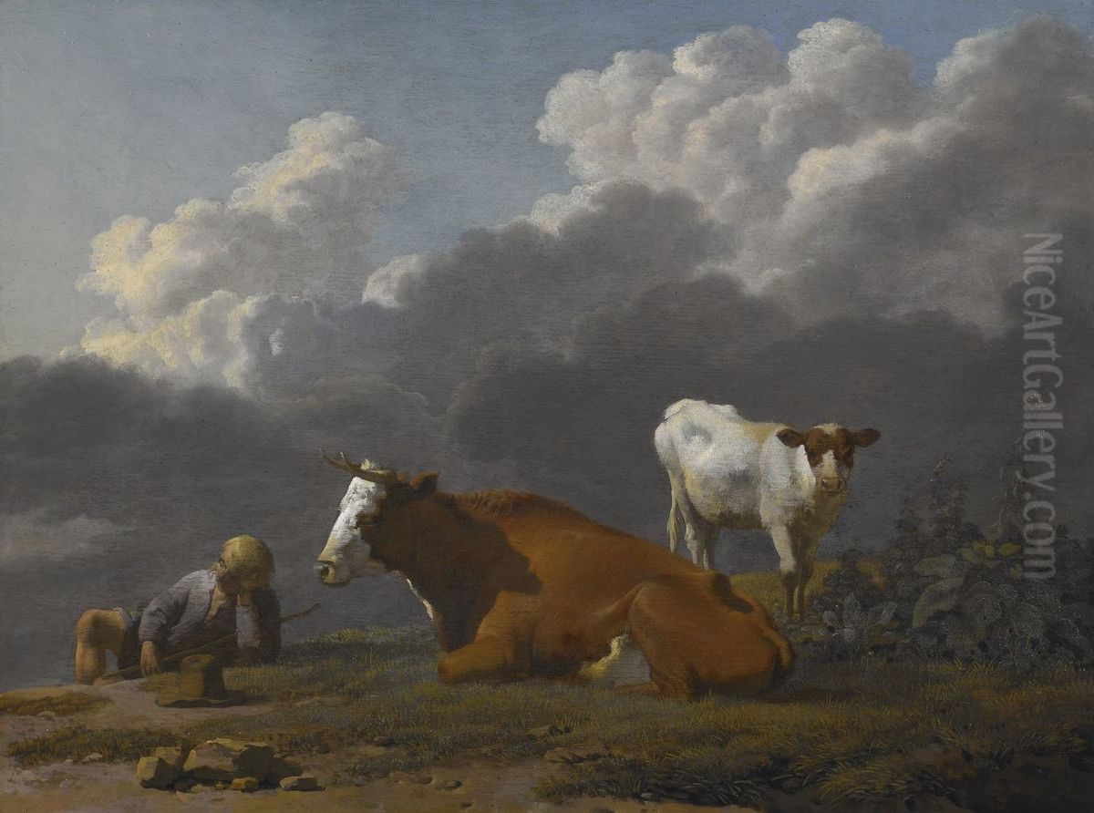 A Shepherd Boy Asleep with a Cow and its Calf Oil Painting by Karel Dujardin
