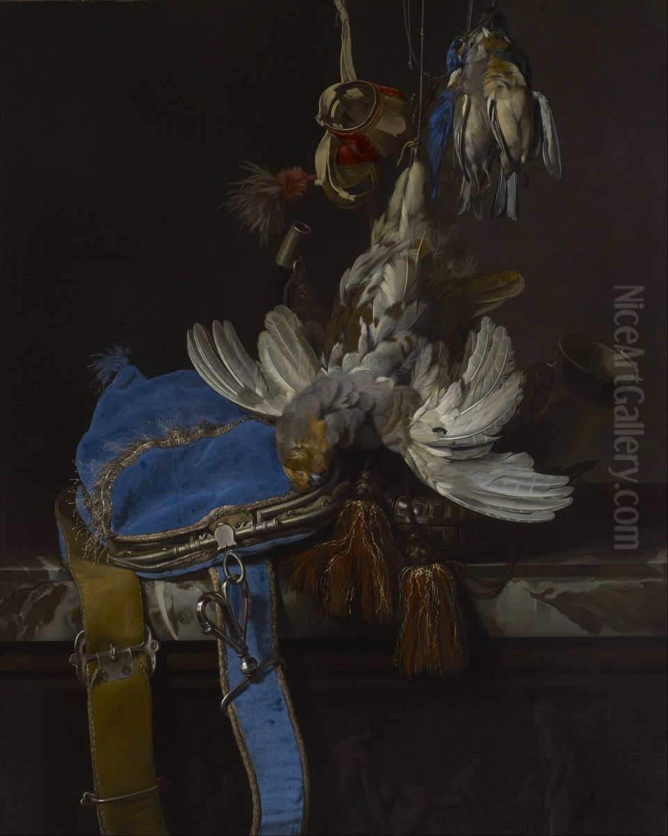 Hunt Still Life with a Velvet Bag on a Marble Ledge Oil Painting by Willem Van Aelst