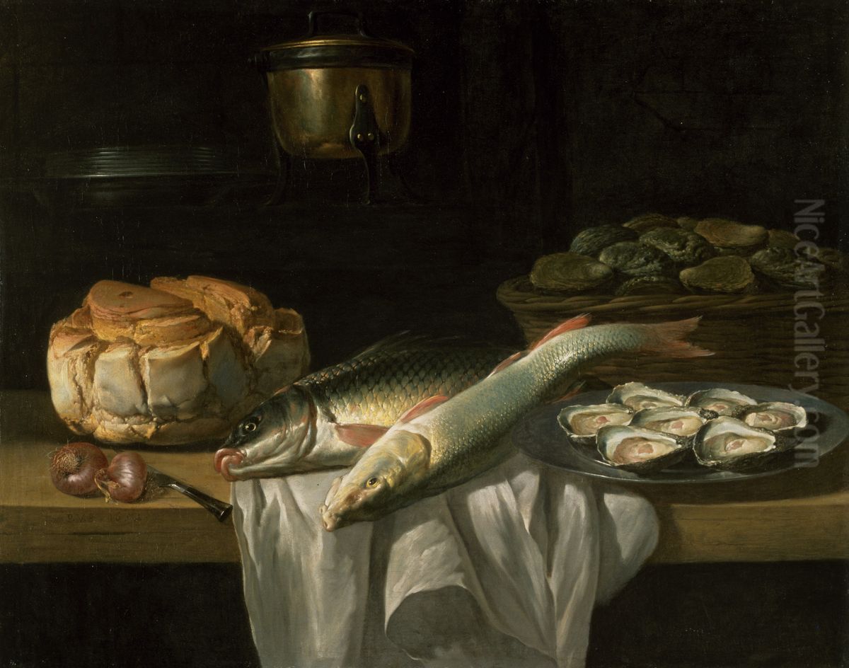 Still Life with Carp and Pike Oil Painting by Peter van Boucle