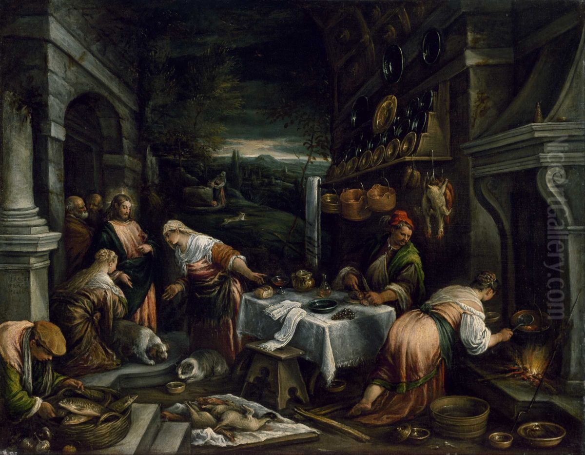 Christ in the House of Mary, Martha, and Lazarus Oil Painting by Jacopo Bassano