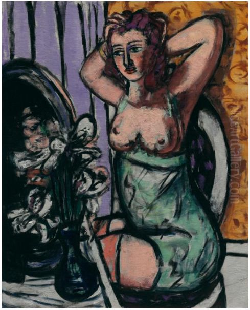 Woman with Mirror and Orchids Oil Painting by Max Beckmann