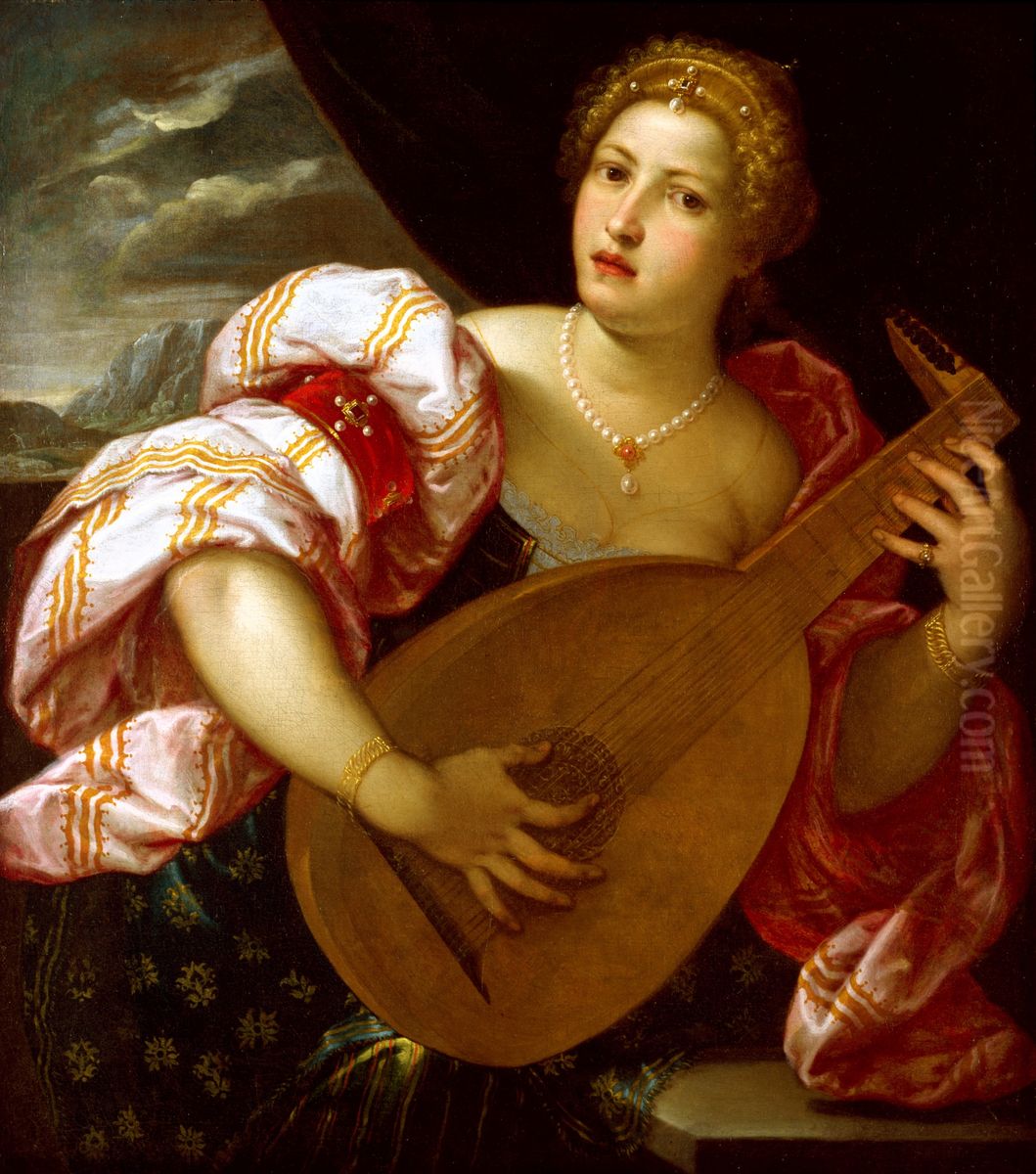 Young Woman Playing a Lute Oil Painting by Parrasio Micheli
