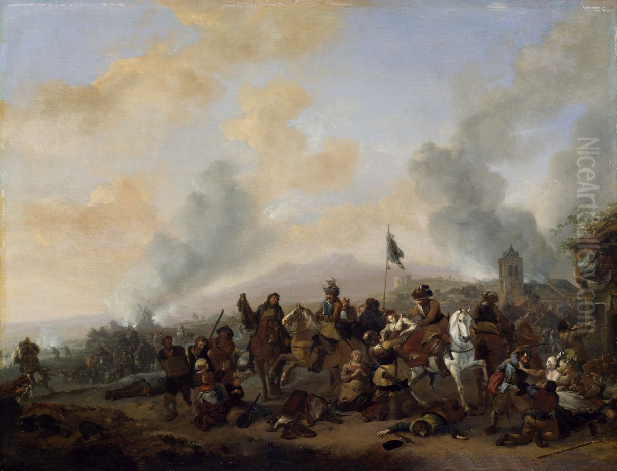 Soldiers Plundering a Village Oil Painting by Philips Wouwerman
