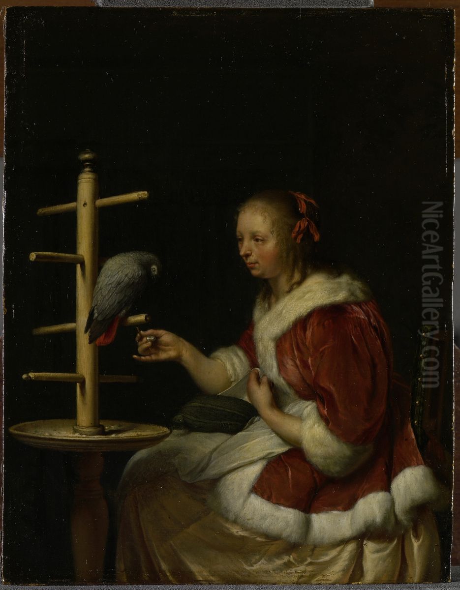 A Lady with her Parrot Oil Painting by Frans van Mieris