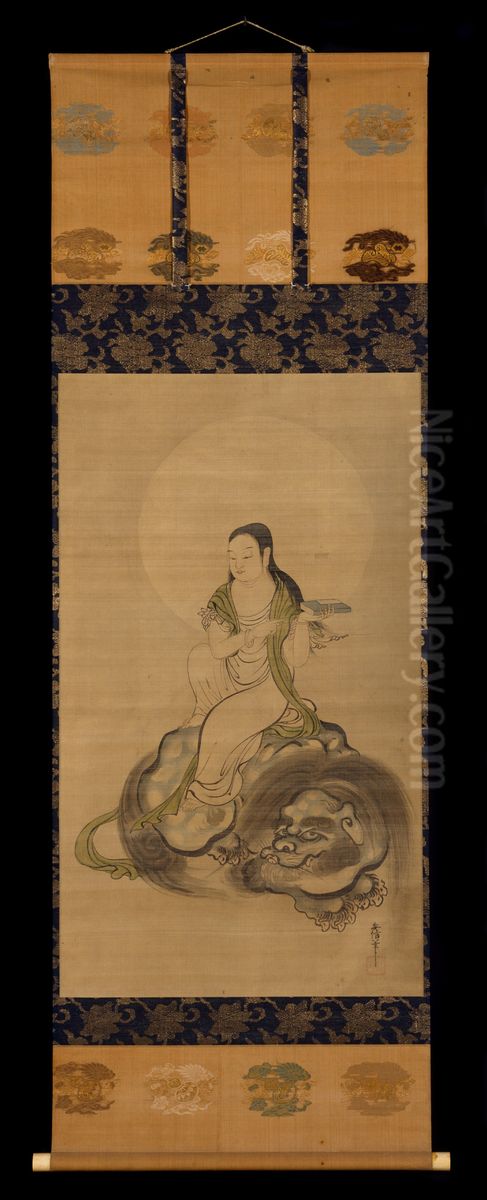 Monju Bosatsu Oil Painting by Kano Yasunobu