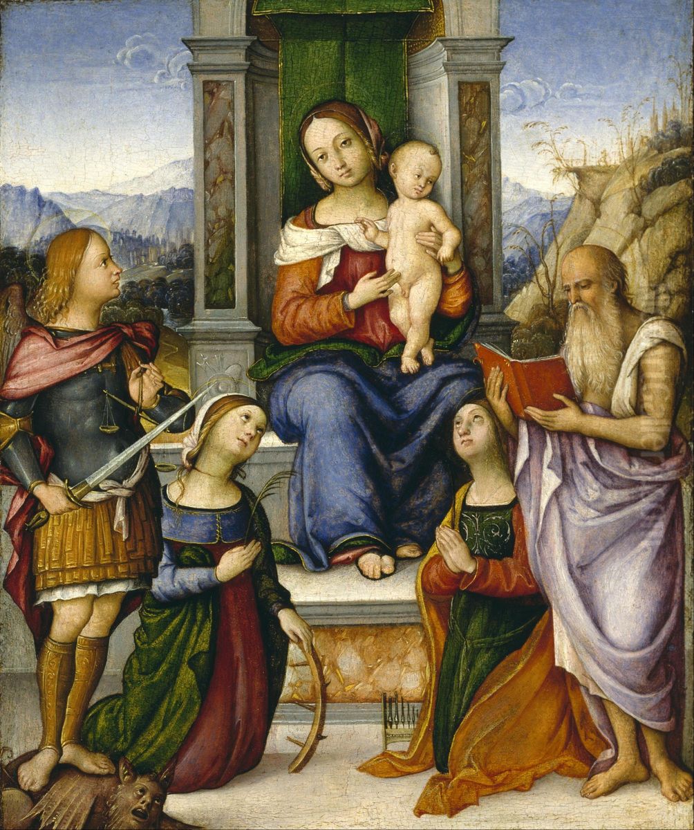 The Virgin and Child Enthroned with Saints Michael, Catherine of Alexandria, Cecilia, and Jerome Oil Painting by Girolamo Marchesi