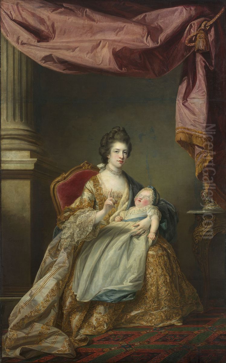 Queen Charlotte (1744-1818) with the Infant Princess Charlotte, Princess Royal (1766-1828) Oil Painting by Francis Cotes