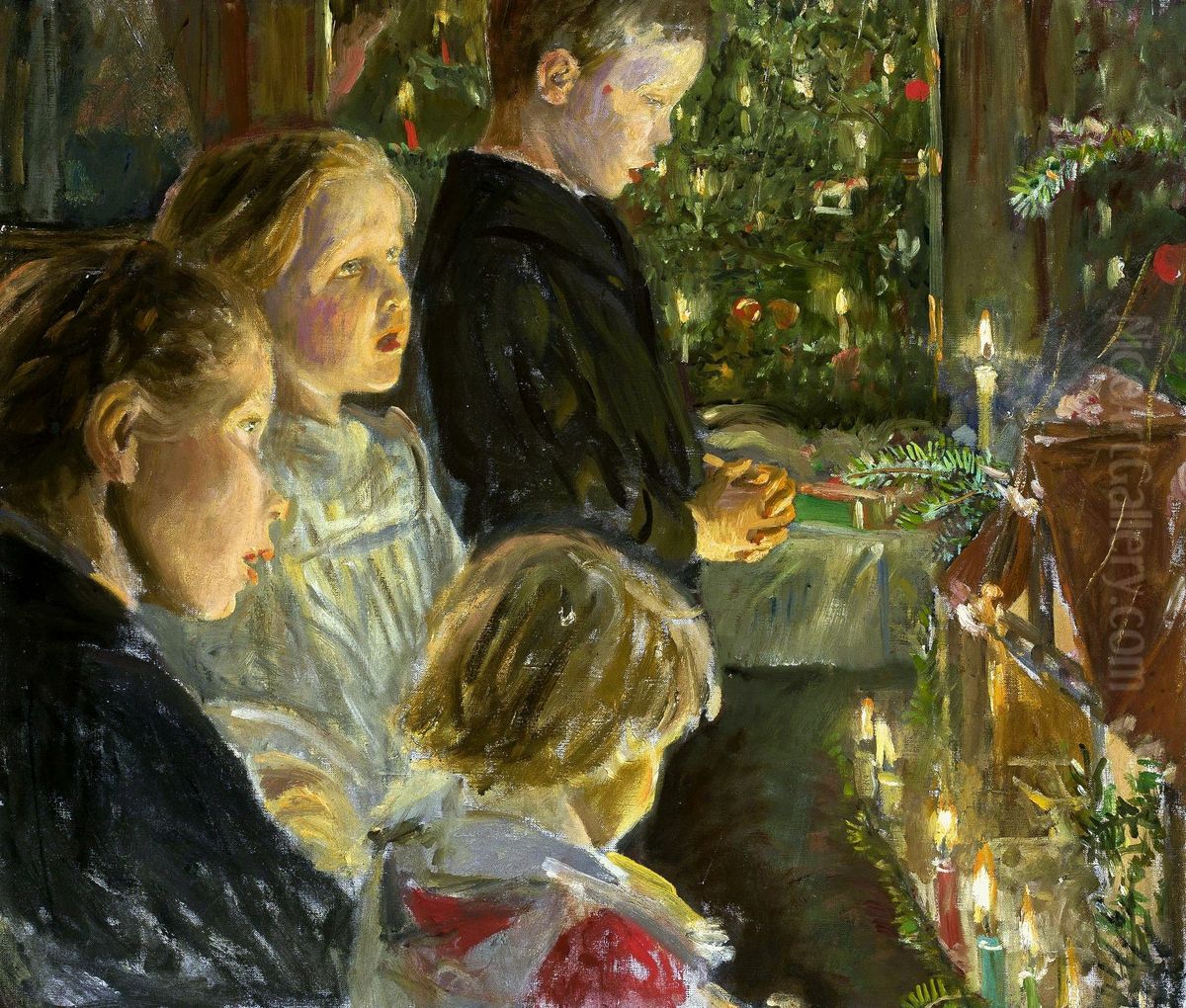 Children by the Christmas tree Oil Painting by Leopold Graf von Kalckreuth