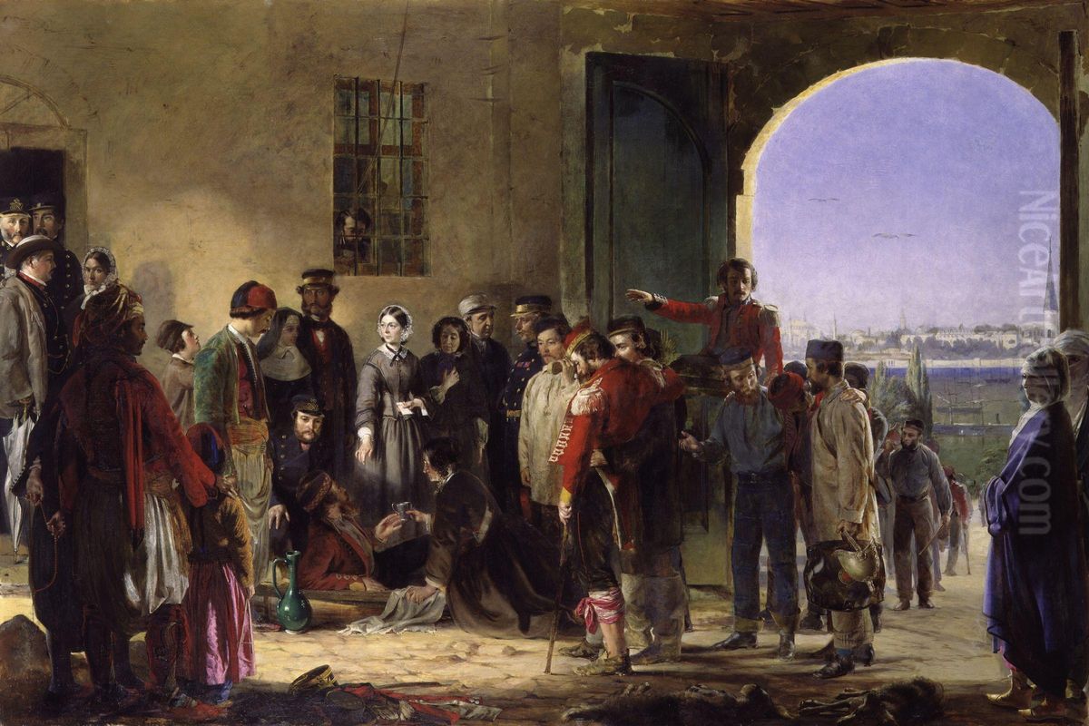 Florence Nightingale receiving the Wounded at Scutari Oil Painting by Jerry Barrett