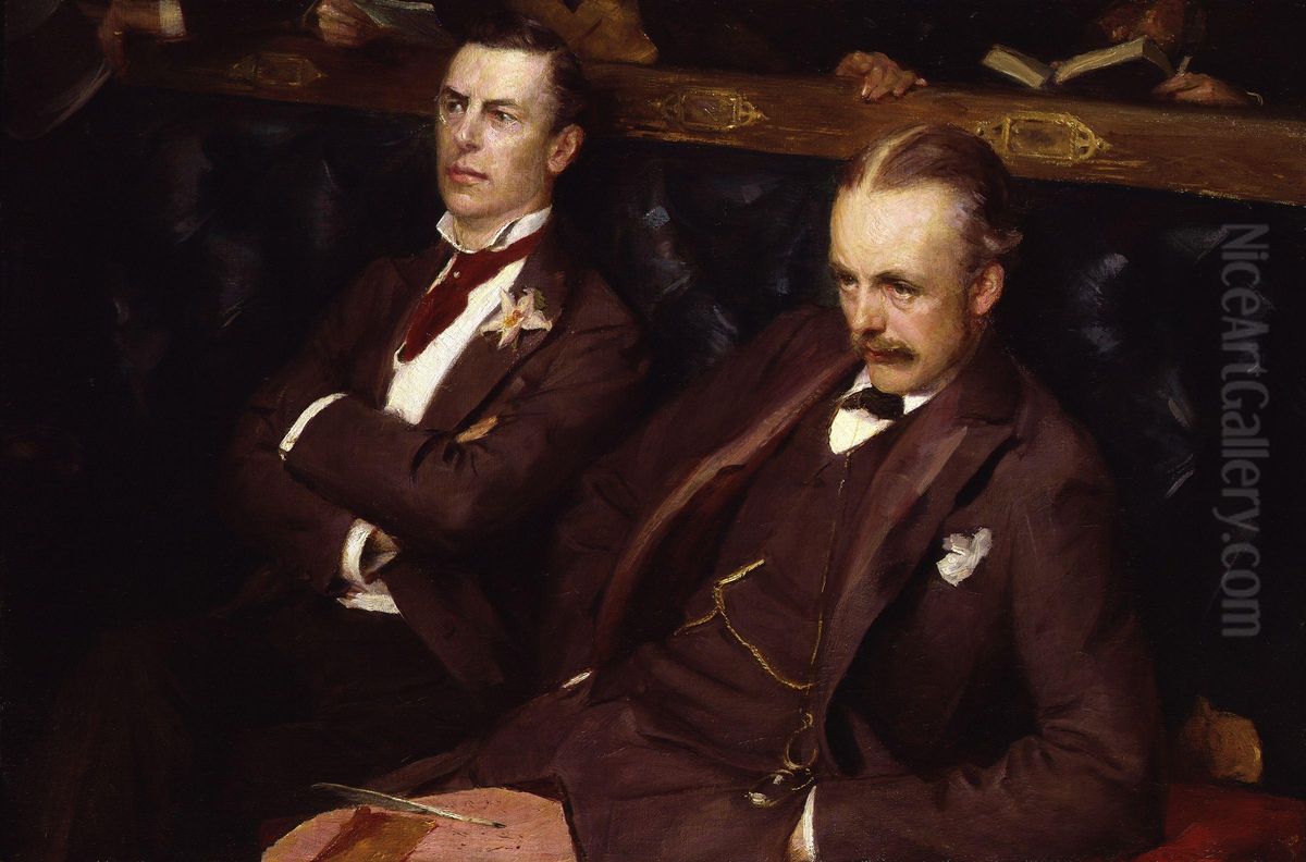 Joe Chamberlain; Arthur James Balfour, 1st Earl of Balfour Oil Painting by Sydney Prior Hall