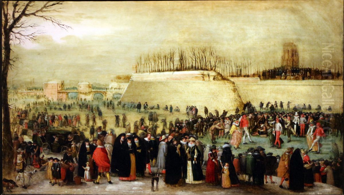 Paesaggio invernale con sciatori, 1615-20 ca Oil Painting by Denis van Alsloot