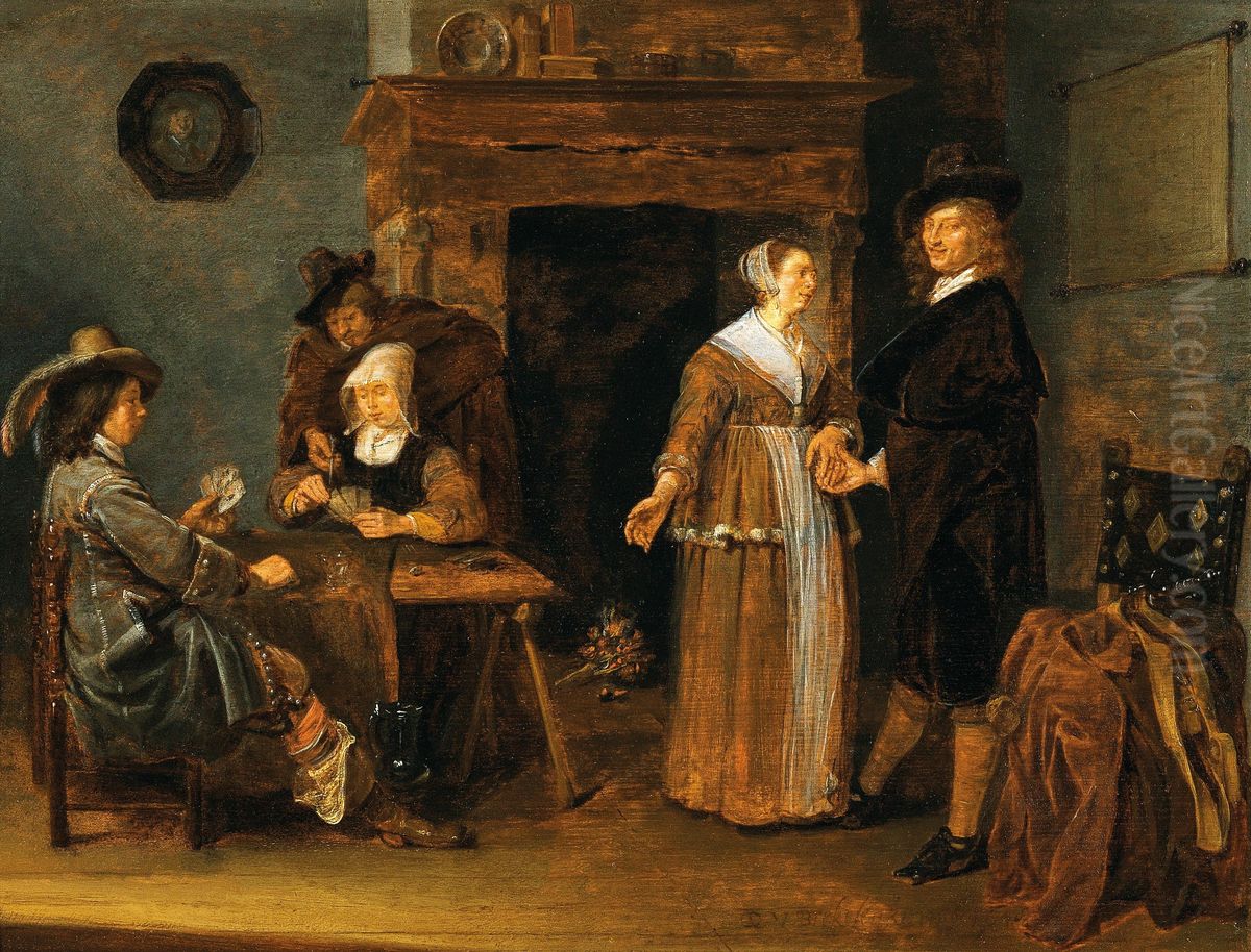 Interior with card players Oil Painting by Quirijn van Brekelenkam